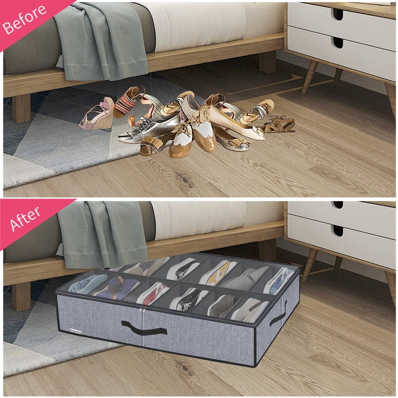 Onlyeasy Large Under Bed Shoe Organizer (6 to 12 Pairs x 2) - Underbed Shoes Closet Storage Solution with Metal Zipper and 2 Handles, Breathable, 29.3"x23.6"x5.9", Linen-like Grey, MXDUBSB2P - Image 3